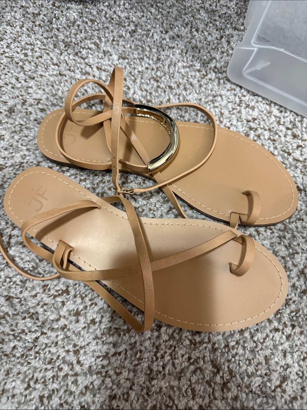 JustFab Tan Wrap-Strap Flat Sandals with Gold Accent
